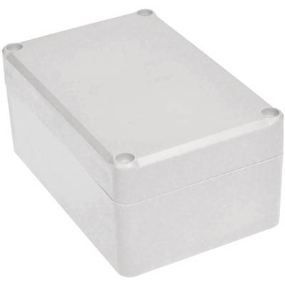Boîtier rectangulaire blanc en plastique avec des coins arrondis et des trous de vis visibles aux coins du dessus.