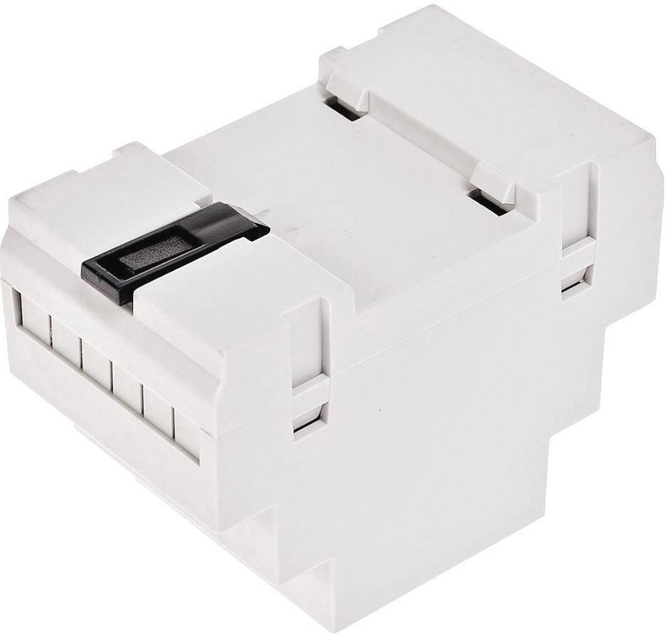 Un appareil électronique blanc rectangulaire avec un interrupteur noir sur le dessus, adapté pour les rails de montage.