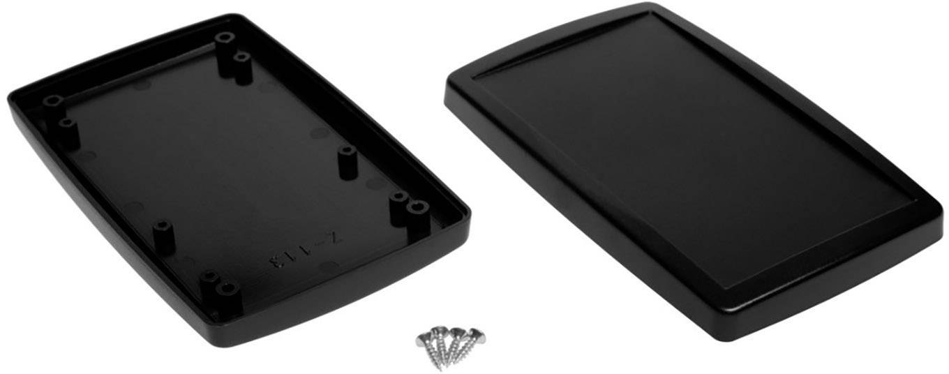 Deux moitiés de boîtier en plastique noir, l'une ouverte avec des vis et l'autre fermée. Elles servent à protéger ou à monter des composants électroniques.