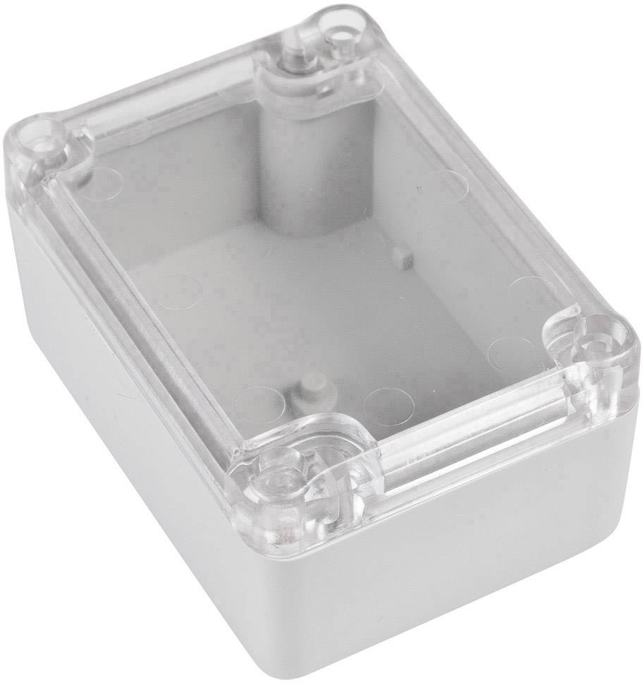 Boîtier rectangulaire en plastique gris avec couvercle transparent et coins arrondis. Adapté pour les composants électroniques.