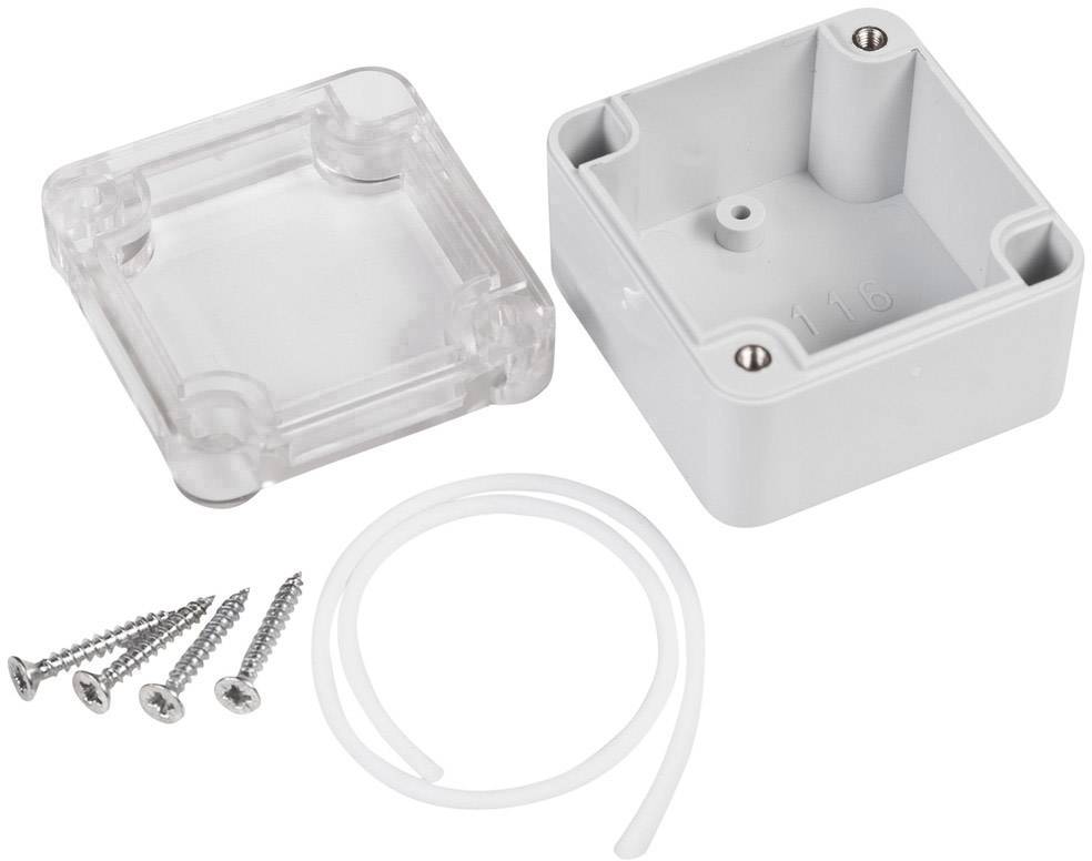 Boîtier en plastique en deux parties, avec quatre vis et un joint d'étanchéité, adapté pour le montage électronique.