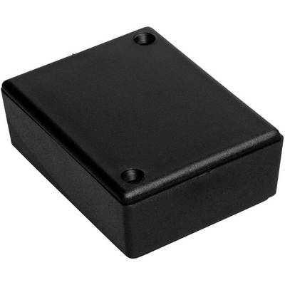 Boîtier en plastique noir rectangulaire avec deux trous pour vis, adapté aux projets électroniques ou comme boîtier de protection.