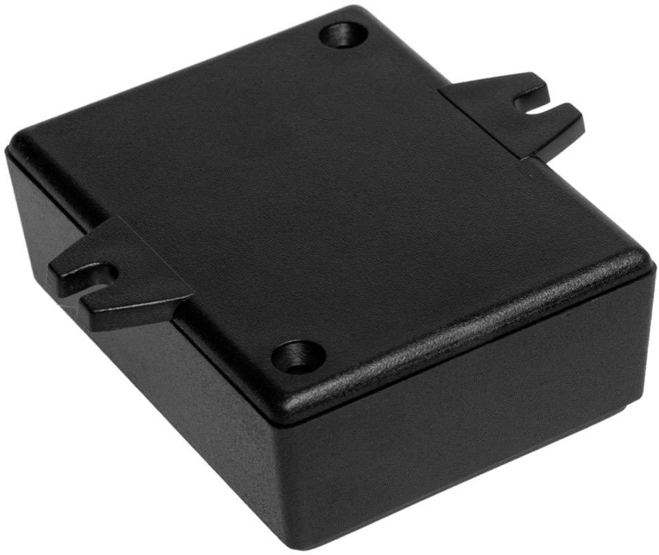 Un boîtier rectangulaire noir en plastique à surface lisse, muni de quatre trous de fixation dans les coins.
