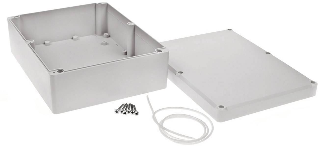Boîtier en plastique gris, rectangulaire, composé de deux parties, avec des vis et un joint d'étanchéité.