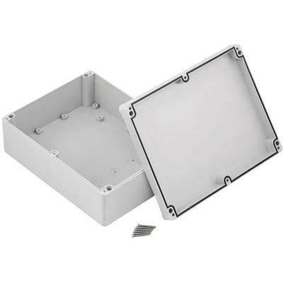 Boîte en plastique grise ouverte avec son couvercle retiré, quelques vis à côté. Adaptée pour des applications électrotechniques.