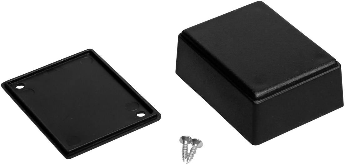 Boîtier en plastique noir rectangulaire avec couvercle amovible et trois petites vis, adapté au montage de composants électroniques.