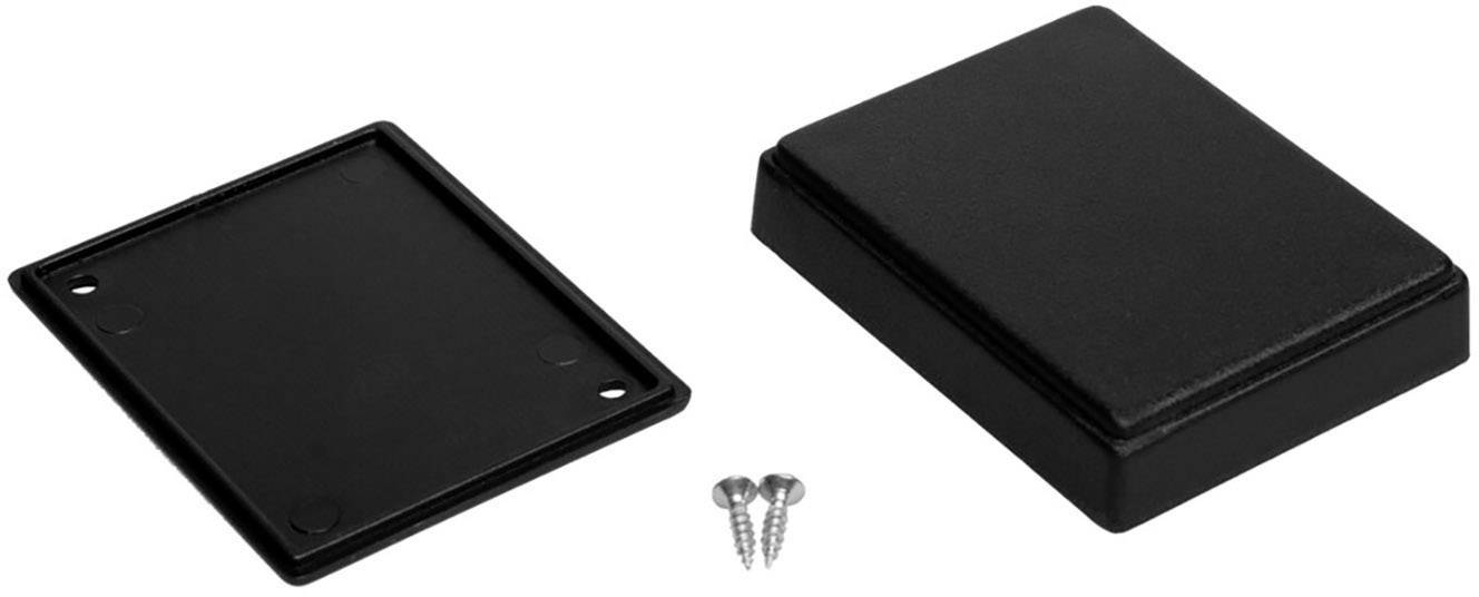 Boîtier en plastique noir avec couvercle amovible et deux petites vis au centre. Convient pour les projets électroniques.