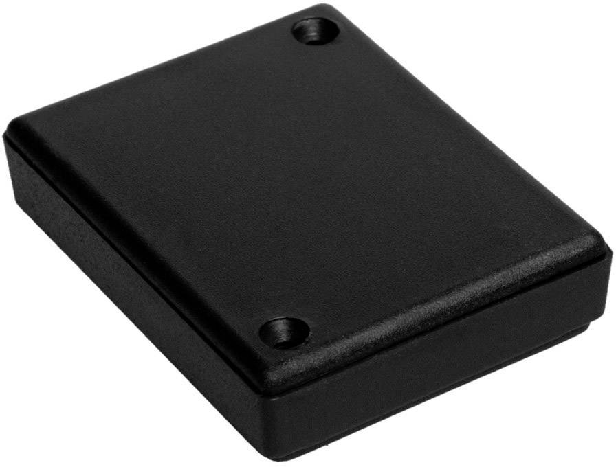 Boîtier rectangulaire noir en plastique avec deux trous de vis sur le côté supérieur.