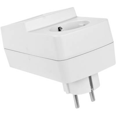 Prise électrique blanche avec fiche européenne, légèrement inclinée. Adaptée aux prises européennes, montrée sous vue de face et de côté.