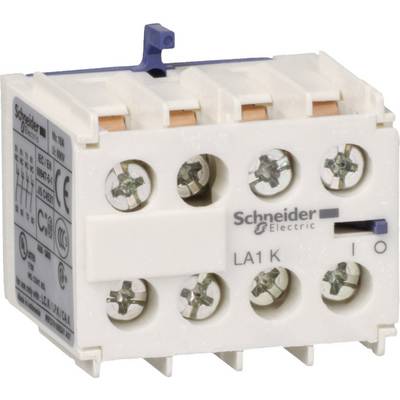 'Schneider Electric LA1 K' est représenté sur un bloc de contacts électriques. Le bloc possède plusieurs bornes à vis et est de couleur blanche.