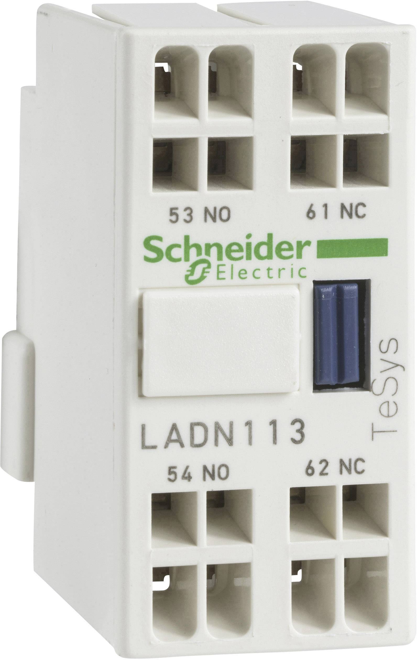 Bloc de relais 'Schneider Electric TeSys LADN113' avec 4 bornes. Bornes marquées 53 NO, 54 NO, 61 NC, 62 NC. Boîtier blanc avec logo vert.