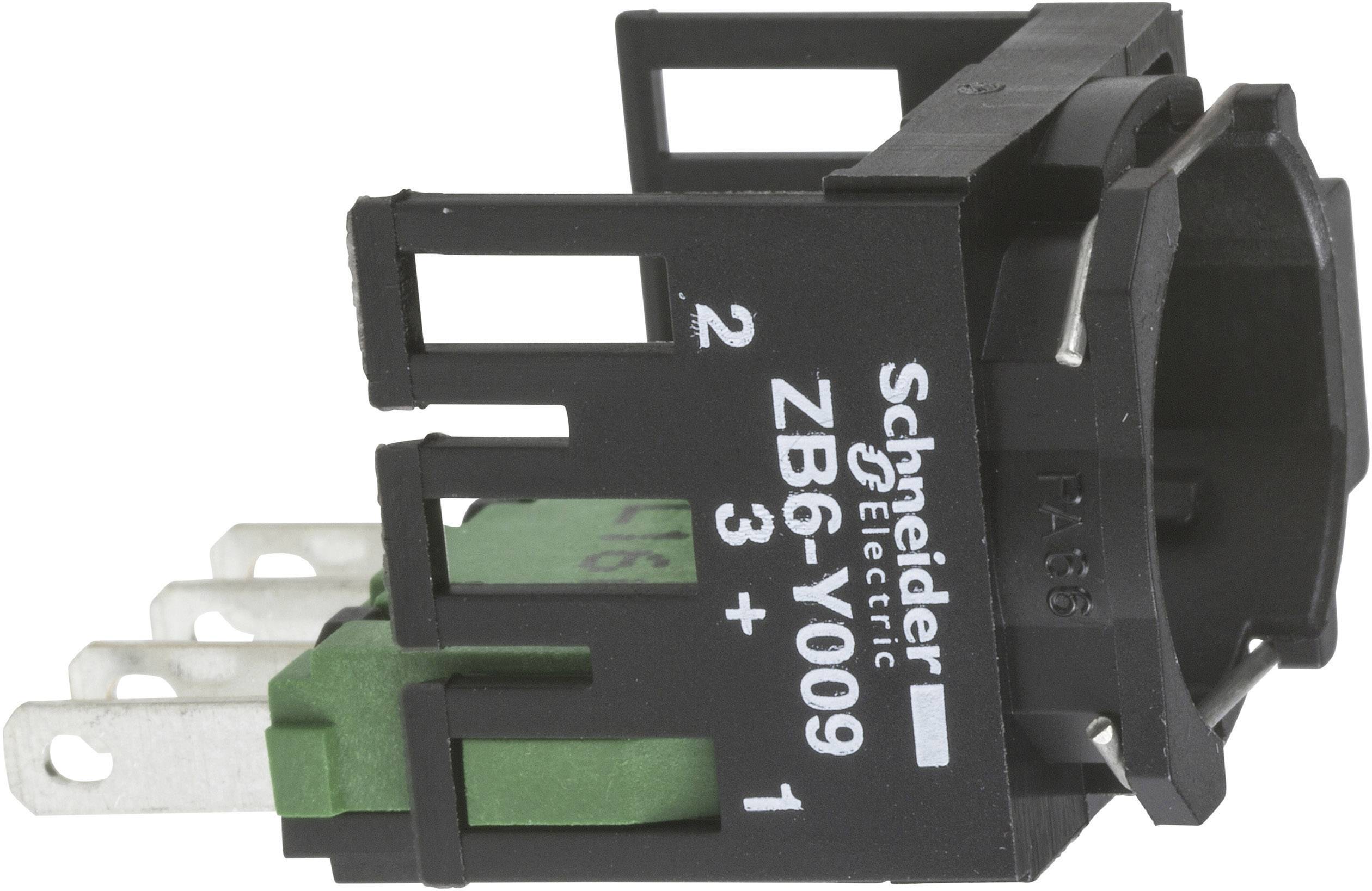 Vue latérale d'un interrupteur rectangulaire noir de Schneider Electric avec des contacts verts et l'étiquette ZB6-Y009.