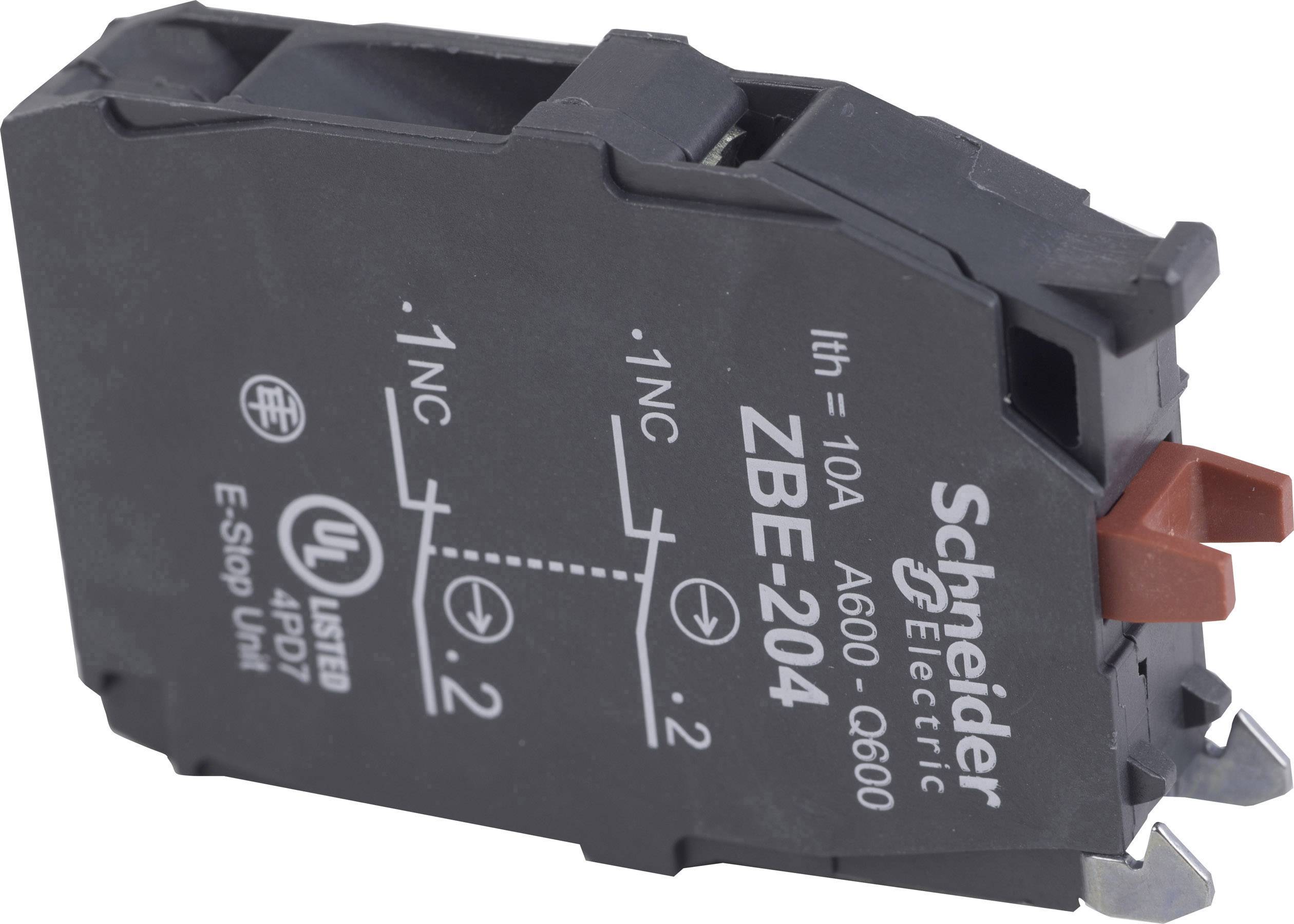 Un élément de commutation électrique de Schneider Electric, modèle ZBE-204. Il présente des spécifications techniques et le logo UL.