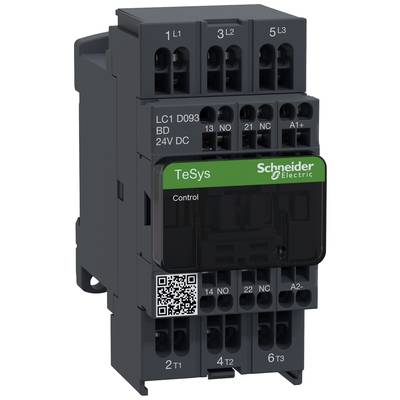 Un contacteur électrique noir de Schneider Electric portant l'inscription 'TeSys'. Il possède plusieurs bornes électriques et un code QR.