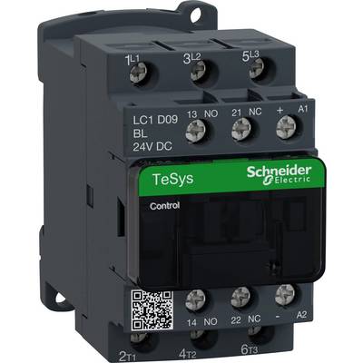 Contacteur Schneider Electric TeSys LC1 D09 B1 24V DC avec bornes étiquetées et un code QR frontal sur un fond blanc.