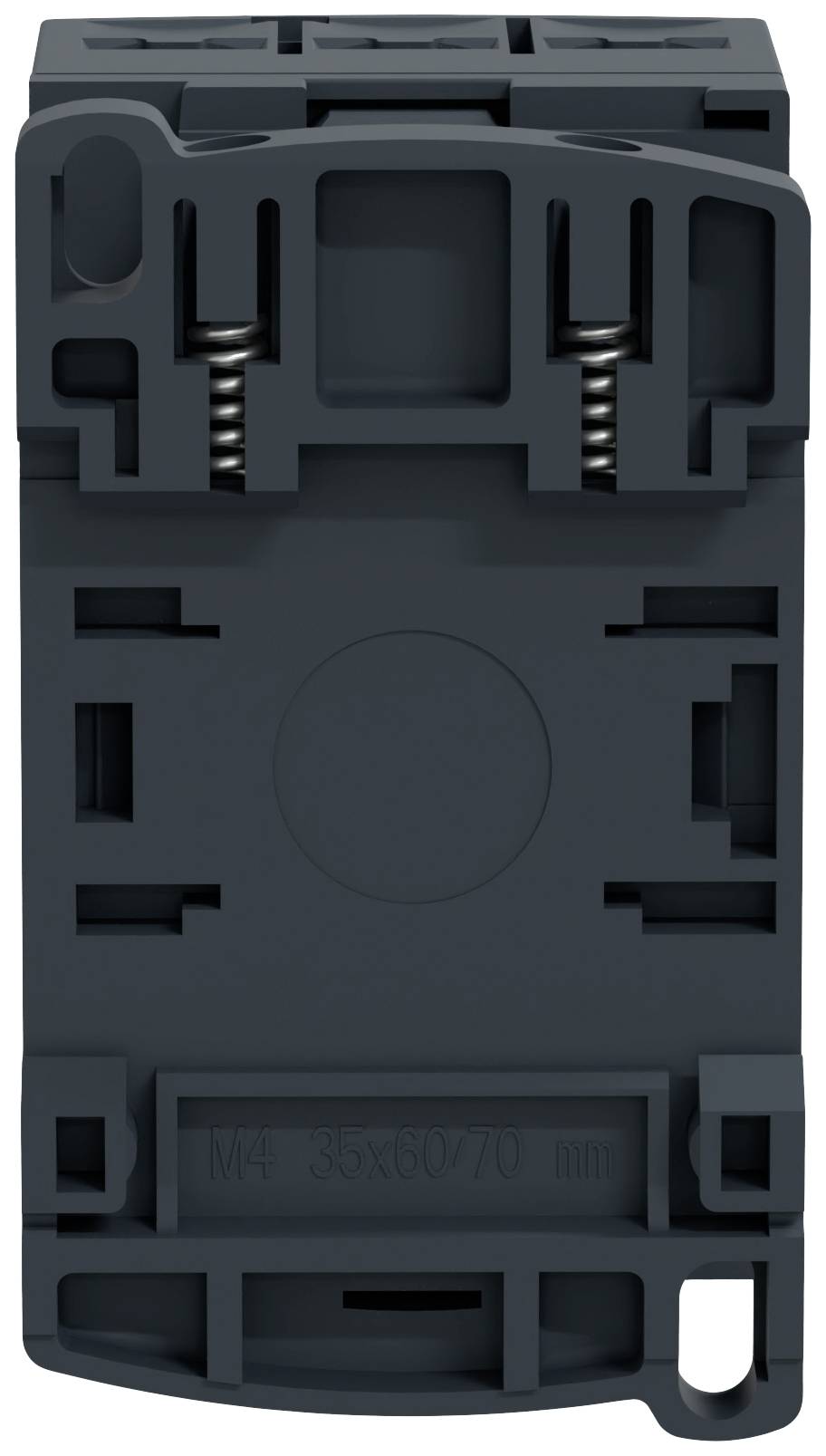 Une pièce rectangulaire en plastique gris foncé, équipée de mécanismes à ressort sur les côtés. Usage inconnu.