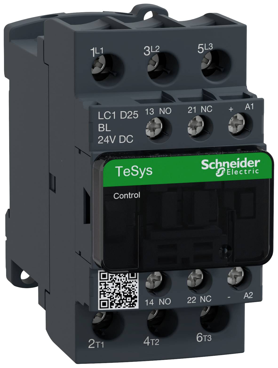 Un contacteur électrique de Schneider Electric, modèle 'TeSys', doté de plusieurs bornes de connexion, adapté aux commandes et aux commutations de charge.