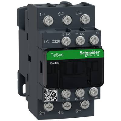 Un contacteur électrique noir de Schneider Electric portant l'inscription 'TeSys' sur un fond vert, équipé de plusieurs bornes à vis.