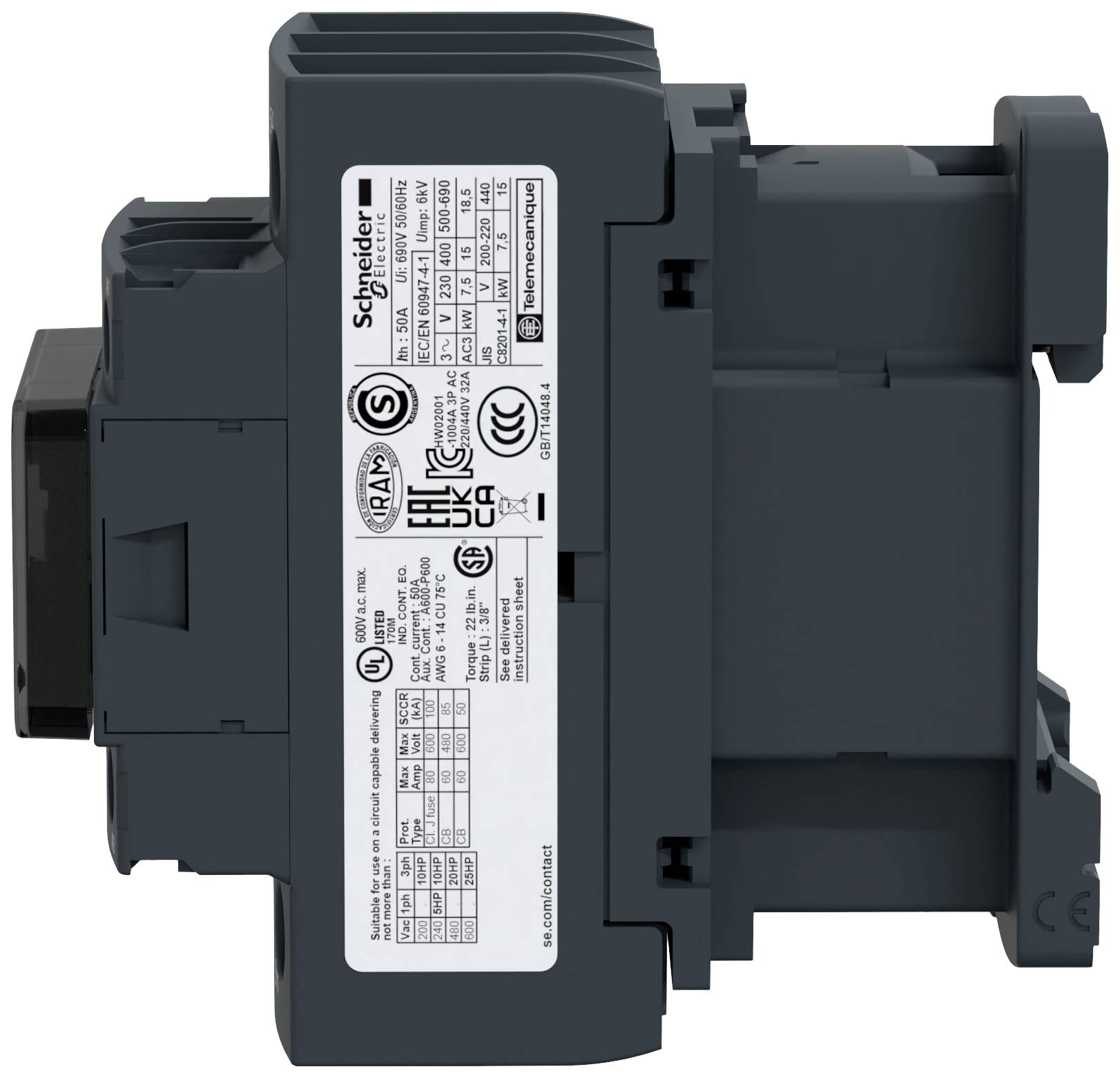 Un composant numérique de la marque Schneider Electric avec des spécifications techniques et des marques de contrôle sur une étiquette.