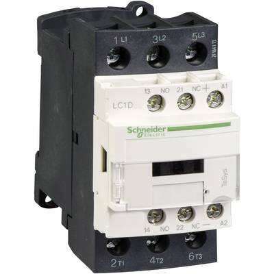 Contacteur de Schneider Electric, modèle LC1D. Boîtier noir et blanc avec des bornes en haut et en bas. Utilisé pour le contrôle des circuits électriques.