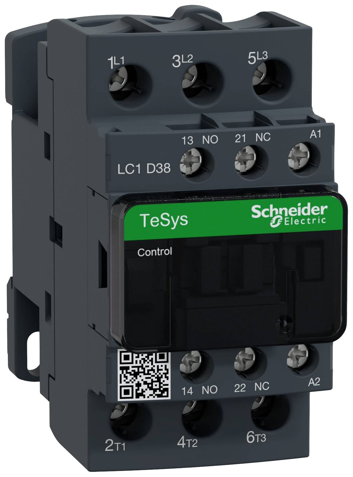 'Schneider Electric TeSys contacteur, modèle LC1 D38, avec plusieurs bornes de connexion et étiquette verte pour les commandes industrielles.'