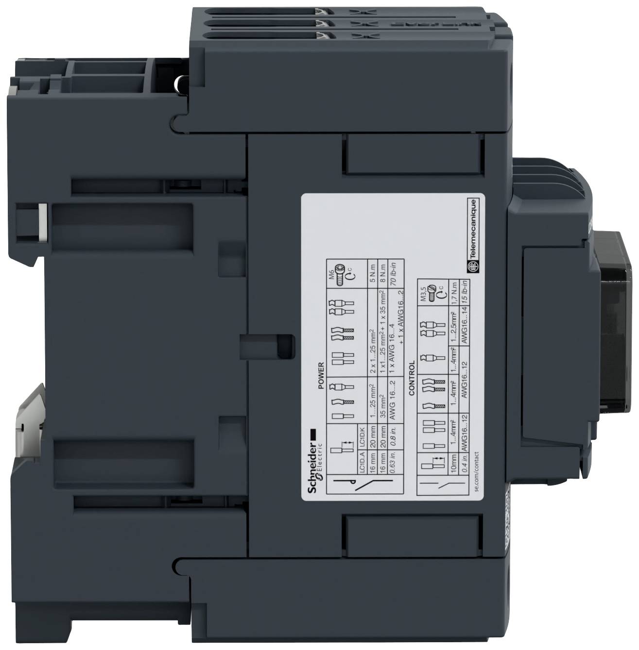 Un appareil électrique sombre avec une étiquette latérale détaillée. L'appareil a une structure rectangulaire.