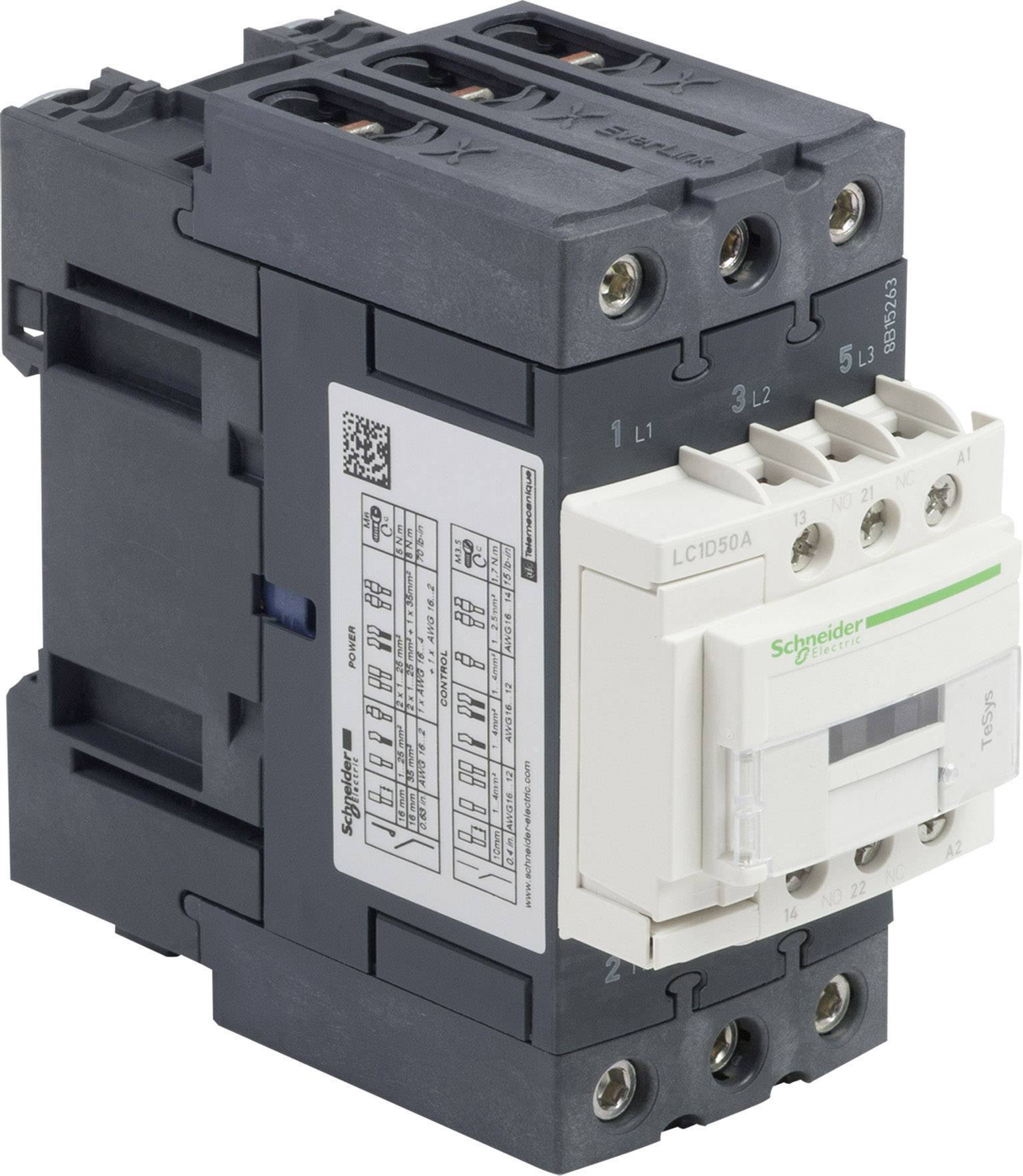 Contacteur industriel avec boîtier et spécifications techniques sur le côté. Utilisé pour le contrôle des systèmes électriques dans les installations industrielles.