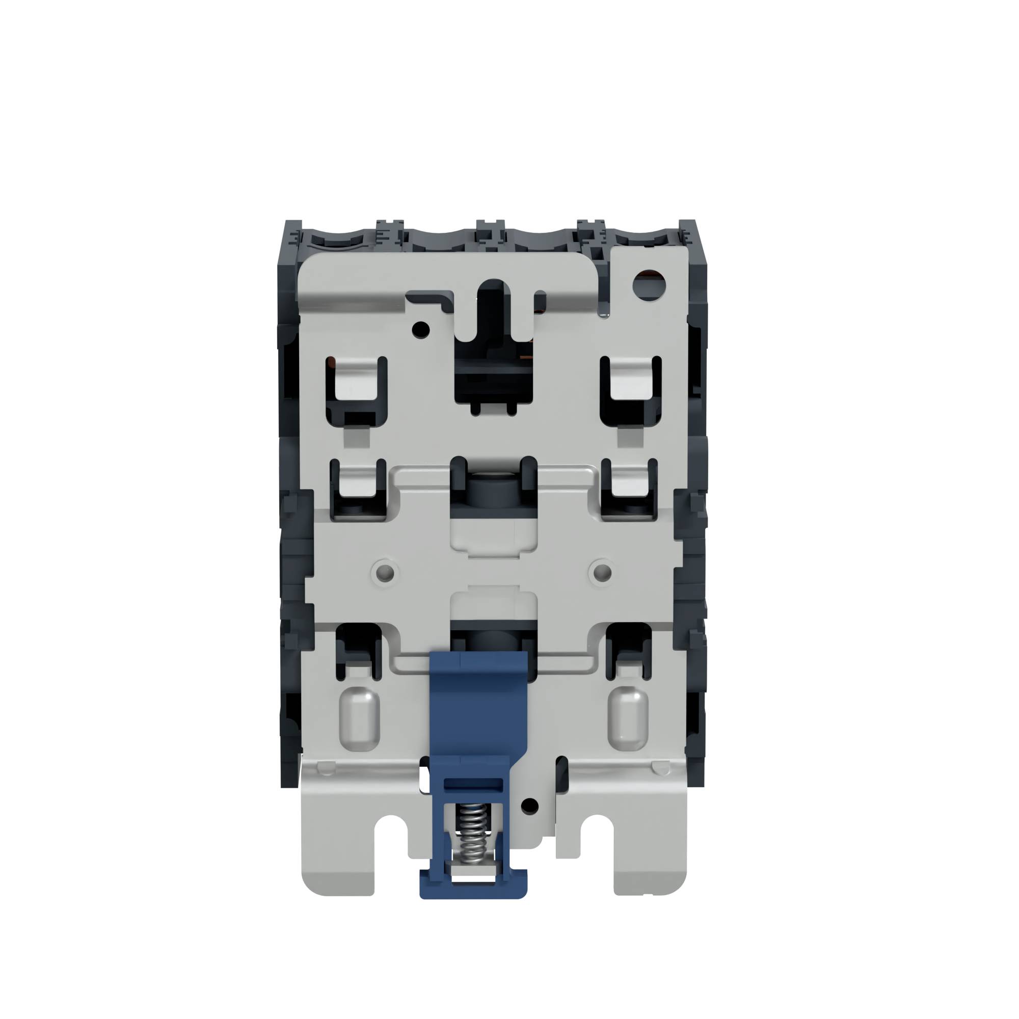 Dispositif électrique de commutation en vue frontale. Présente un boîtier gris et bleu avec des points de fixation et des mécanismes visibles.
