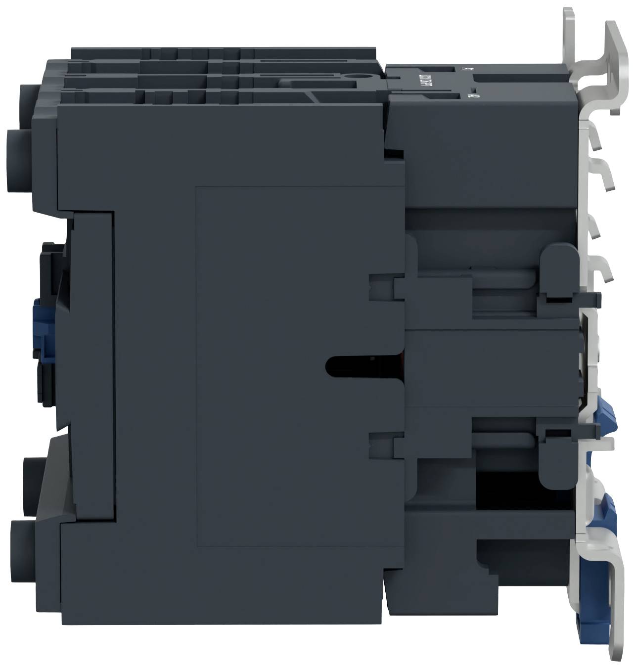 Vue latérale d'un interrupteur électrique noir rectangulaire avec plusieurs bornes et des éléments de fixation bleus.