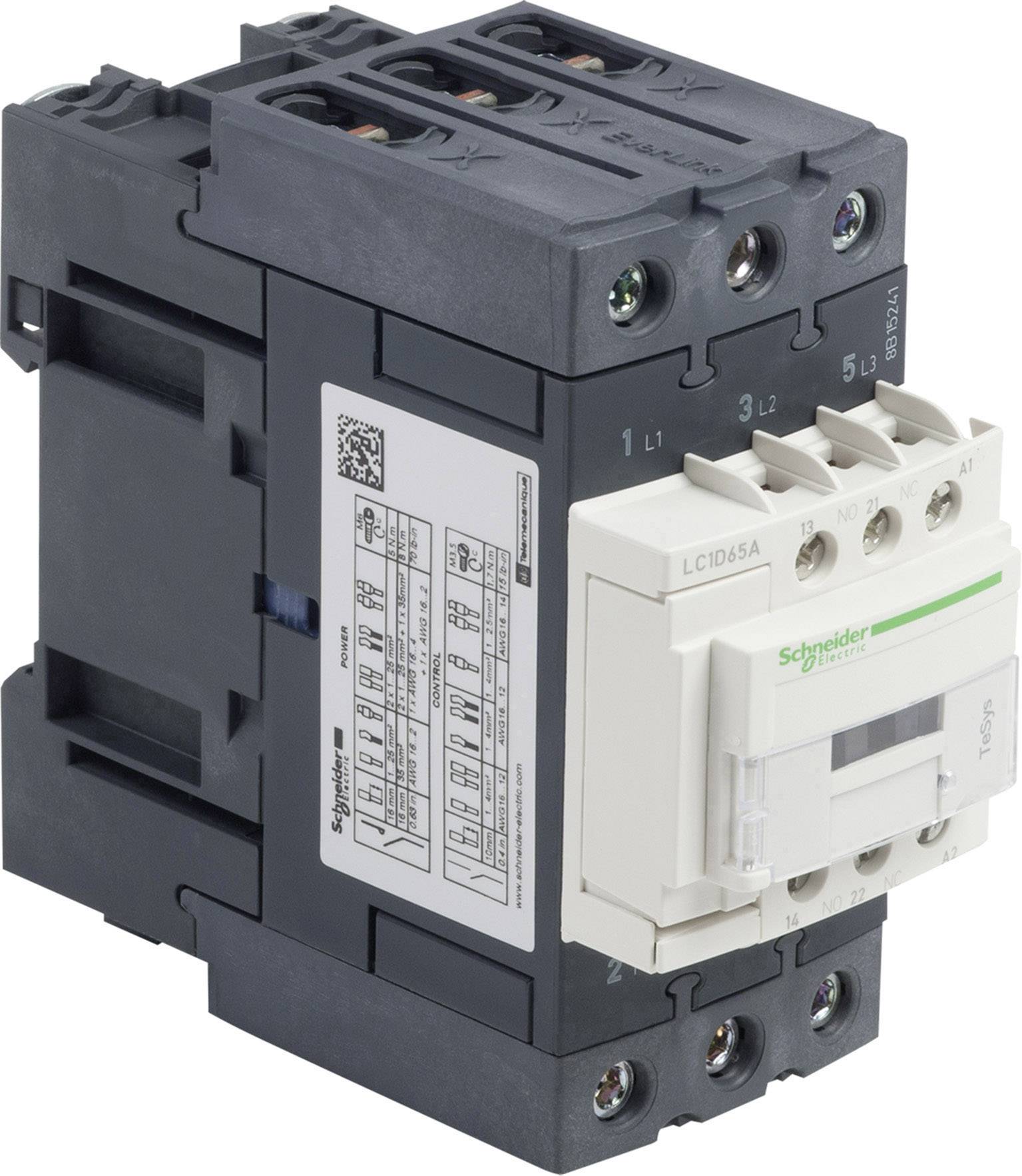 Disjoncteur électrique de marque Schneider Electric, modèle LC1D65A, montrant les bornes de connexion et les étiquettes sur la face avant.