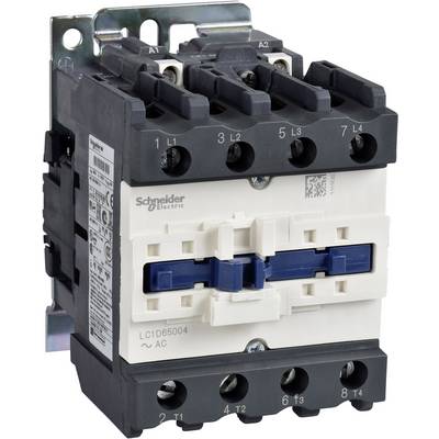 Un contacteur électrique de marque Schneider Electric, modèle LC1D65004, avec bornes et mécanisme de commutation, utilisé dans les installations électriques.