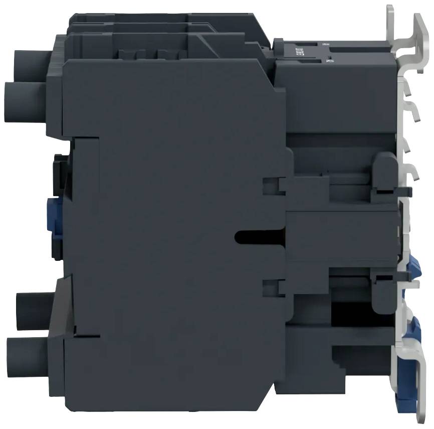 Un interrupteur électrique noir vu de côté. Quatre leviers blancs sur l'avant, des connexions bleues et noires à l'arrière.