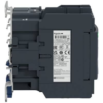 Vue latérale d'un disjoncteur électrique de Schneider Electric avec étiquetage technique et étiquette sur le côté.