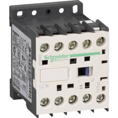Un contacteur blanc rectangulaire de Schneider Electric avec plusieurs bornes à vis et des étiquettes pour installations électriques.