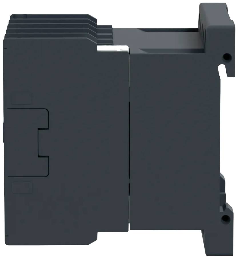 Vue latérale d'un dispositif électrique avec plusieurs connexions, probablement un relais ou un commutateur, de couleur noire.
