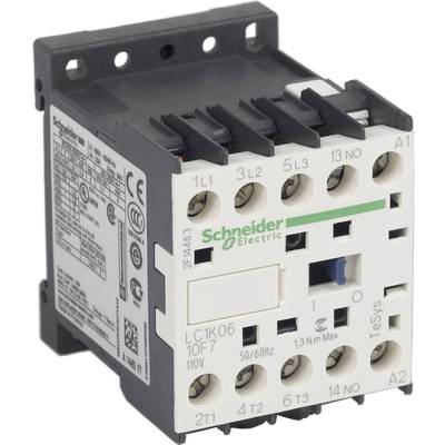 Un contacteur électrique blanc de Schneider Electric avec plusieurs bornes et des détails techniques imprimés dessus.