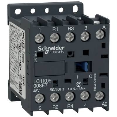 Contacteur de Schneider Electric pour commandes électriques. Modèle LC1K09, adapté pour 48V. Présente les connexions et spécifications techniques.