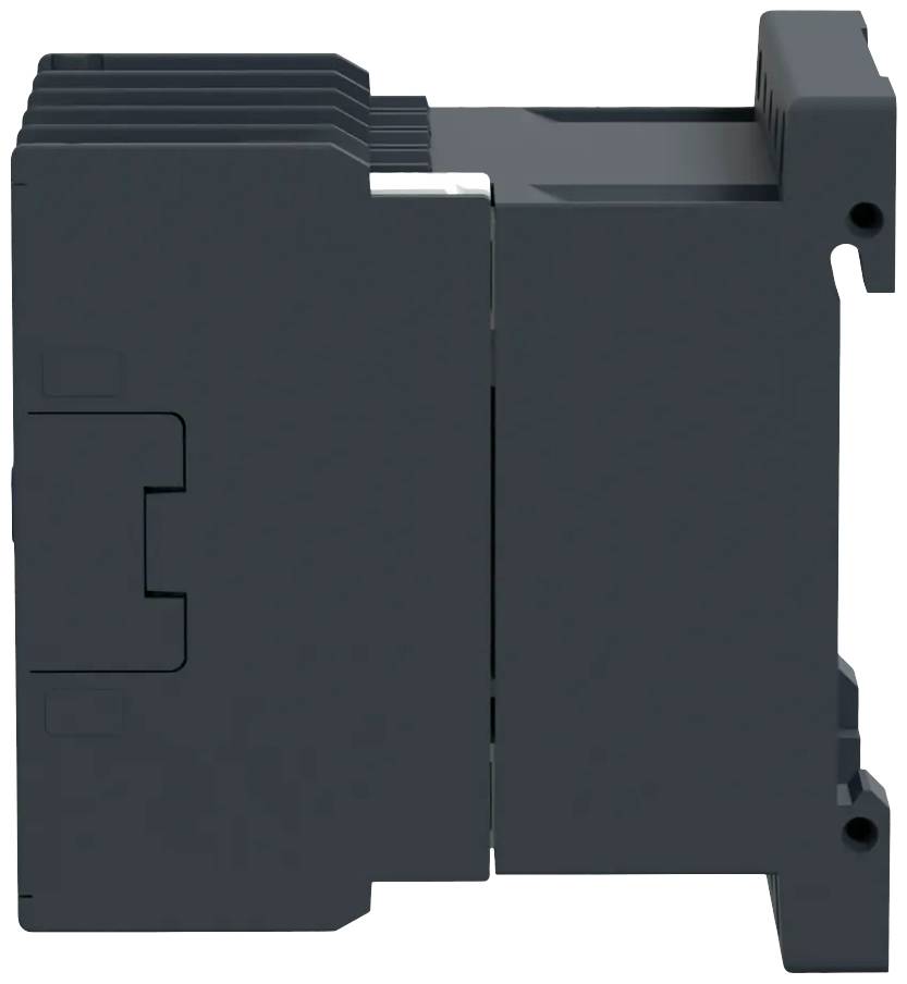 Relais industriels de couleur noire, représentés sur le côté. Adaptés pour le montage sur un rail DIN dans les armoires électriques.