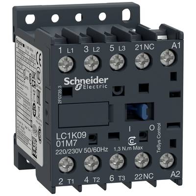 Un contacteur électrique de Schneider Electric pour 220/230V, modèle LC1K09. Dispose de plusieurs bornes de connexion.