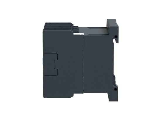 Un composant électronique en vue latérale. Boîtier sombre avec différents emplacements et connexions.