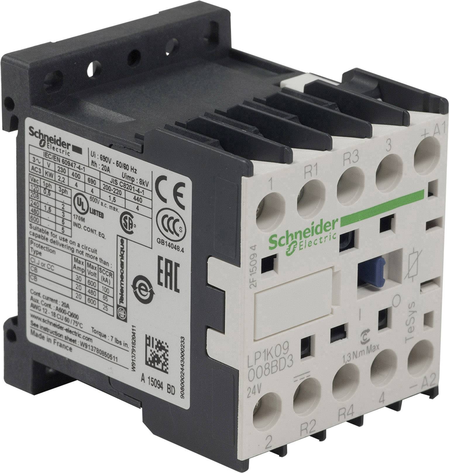 Contacteur de Schneider Electric avec numéro de modèle LP1K09, adapté pour 600V, 50/60Hz, présentant les bornes de raccordement et les spécifications techniques.