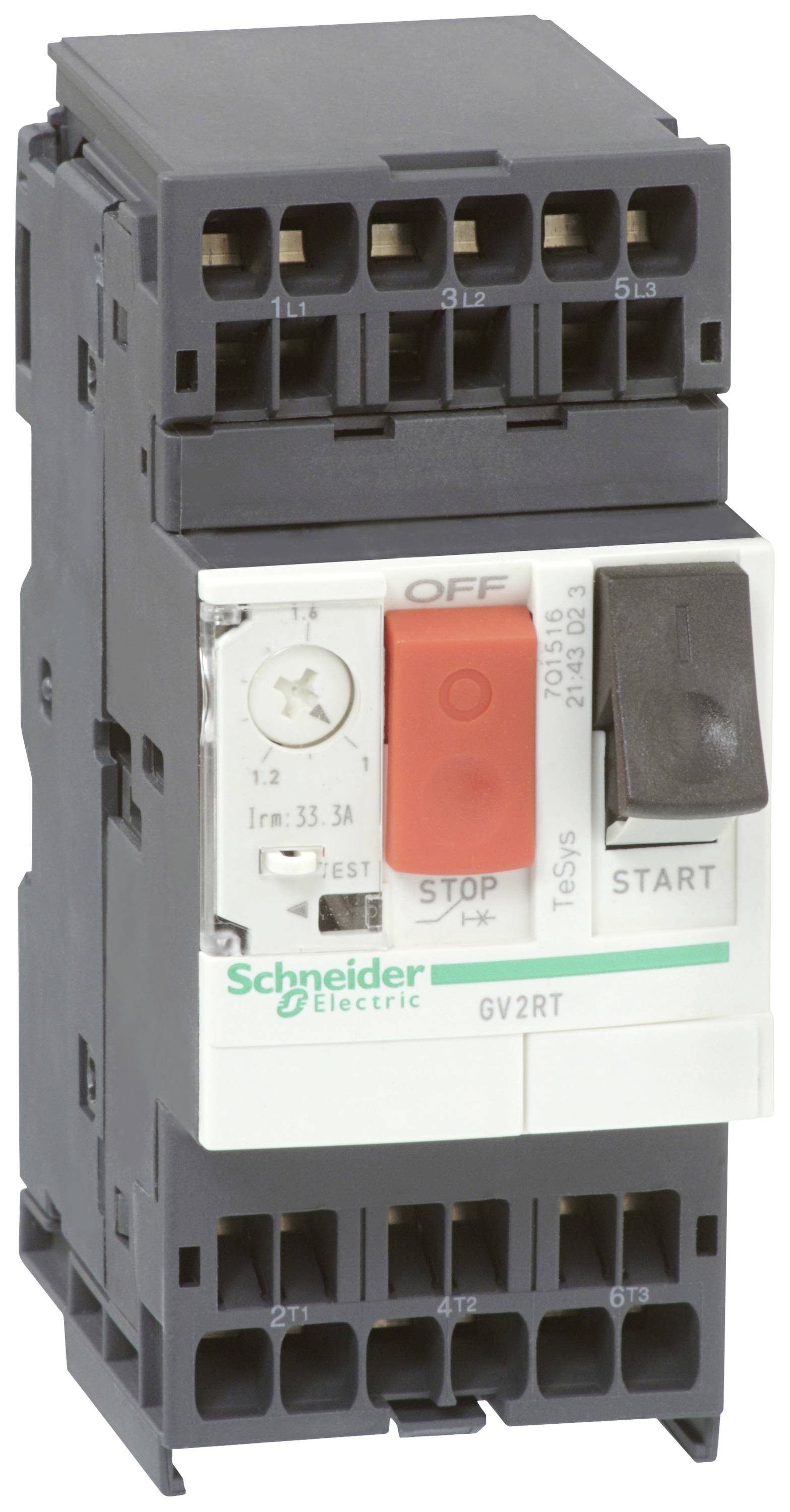 Un disjoncteur de marque Schneider Electric avec un bouton rouge 'ARRÊT' et un levier noir 'MARCHE', réglable.