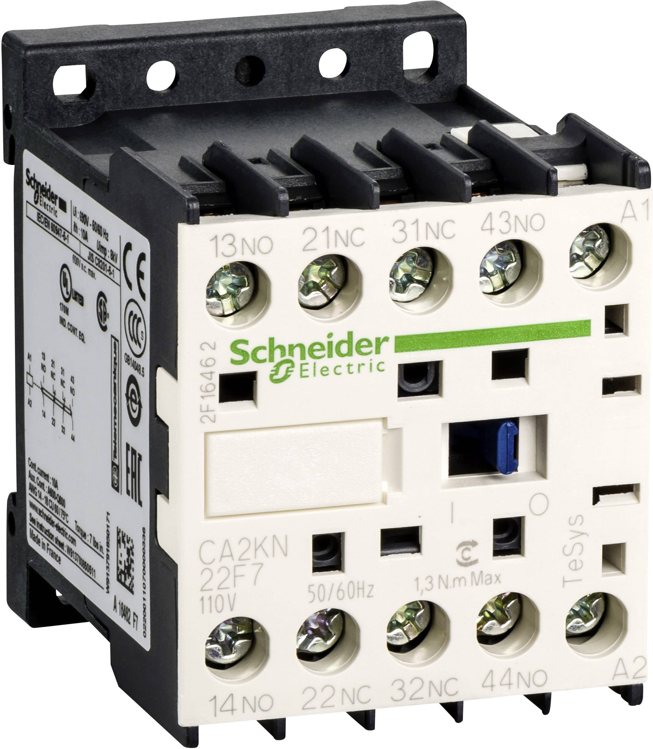 Contacteur de Schneider Electric avec plusieurs bornes à vis, numéro de modèle CA2KN22F7, valeurs électriques 24V/110V, 50/60Hz, 1,3Nm max.