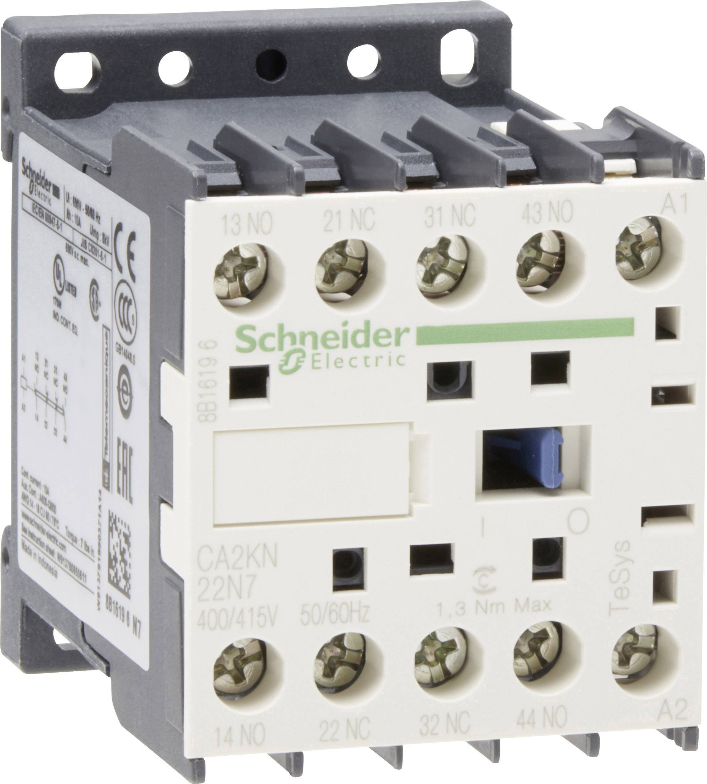 Un contacteur de puissance blanc de la marque Schneider Electric avec plusieurs bornes à vis et une inscription de marque verte.