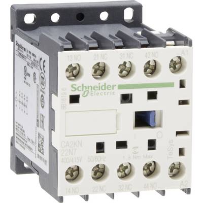 Un contacteur de puissance blanc de la marque Schneider Electric avec plusieurs bornes à vis et une inscription de marque verte.