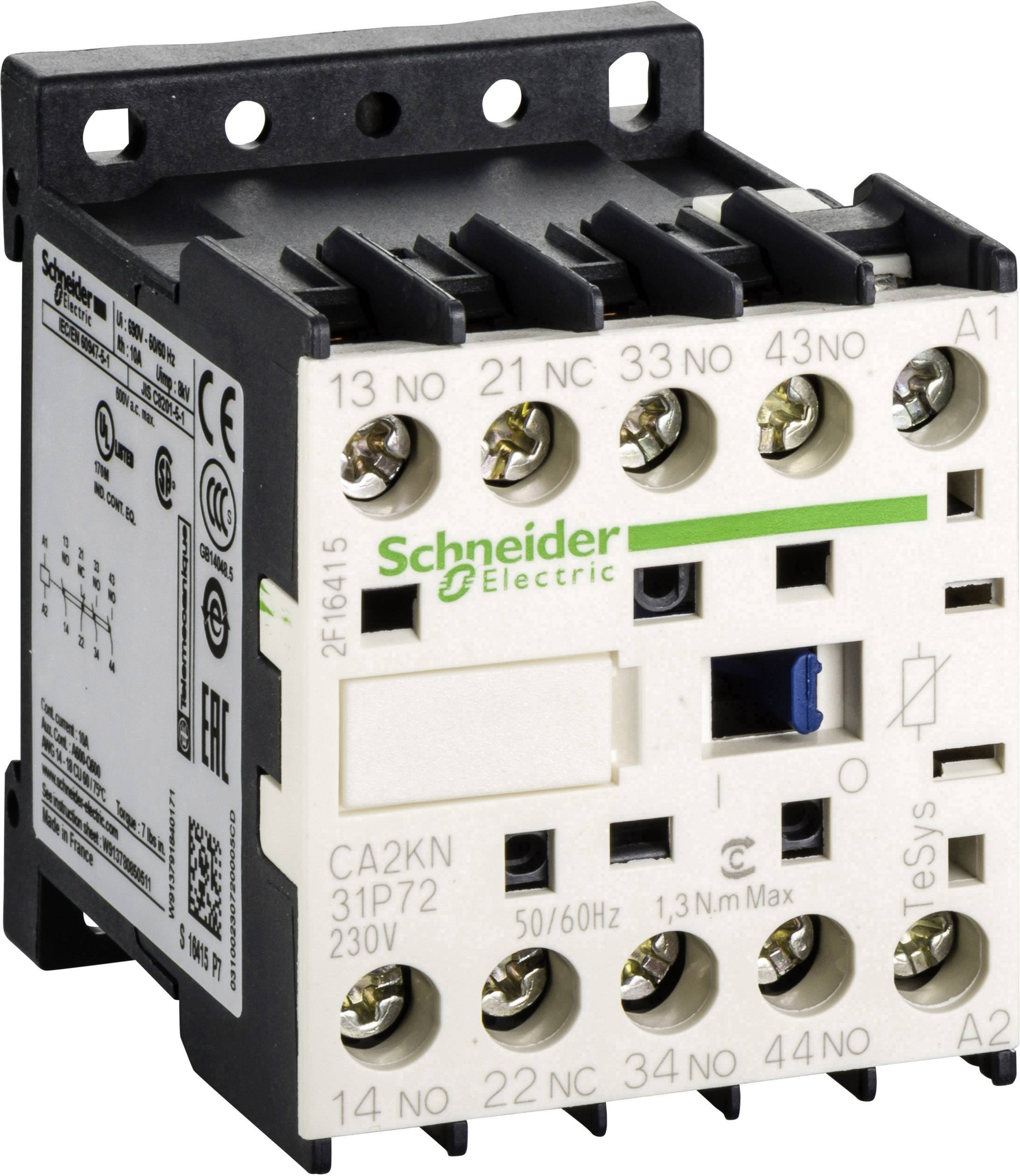 Un contacteur électrique de Schneider Electric avec plusieurs bornes de connexion, des étiquettes et des spécifications techniques sur le côté.