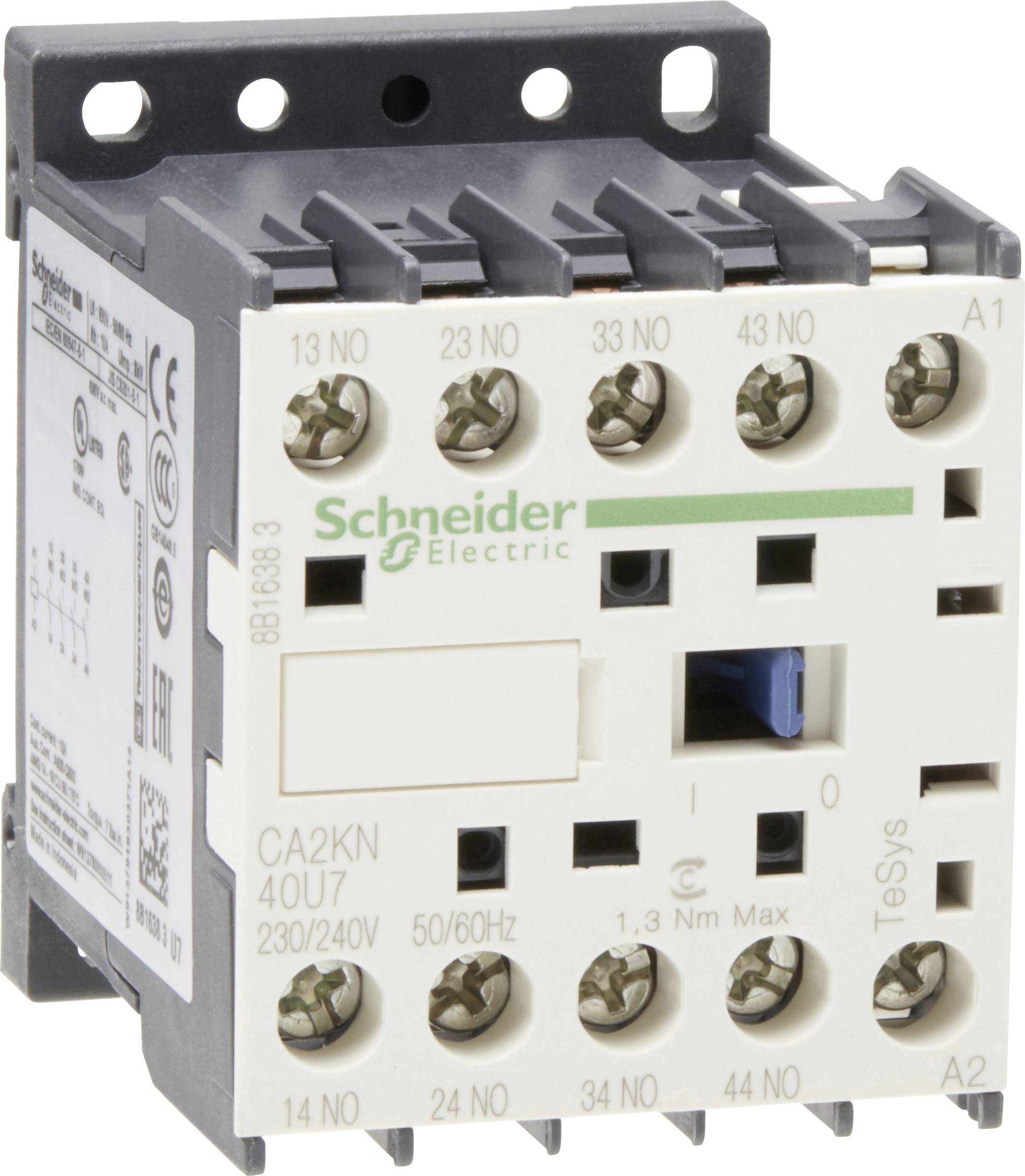 Un contacteur de Schneider Electric, modèle CA2KN, adapté pour 230/240V et 50/60Hz avec bornes à vis en haut.