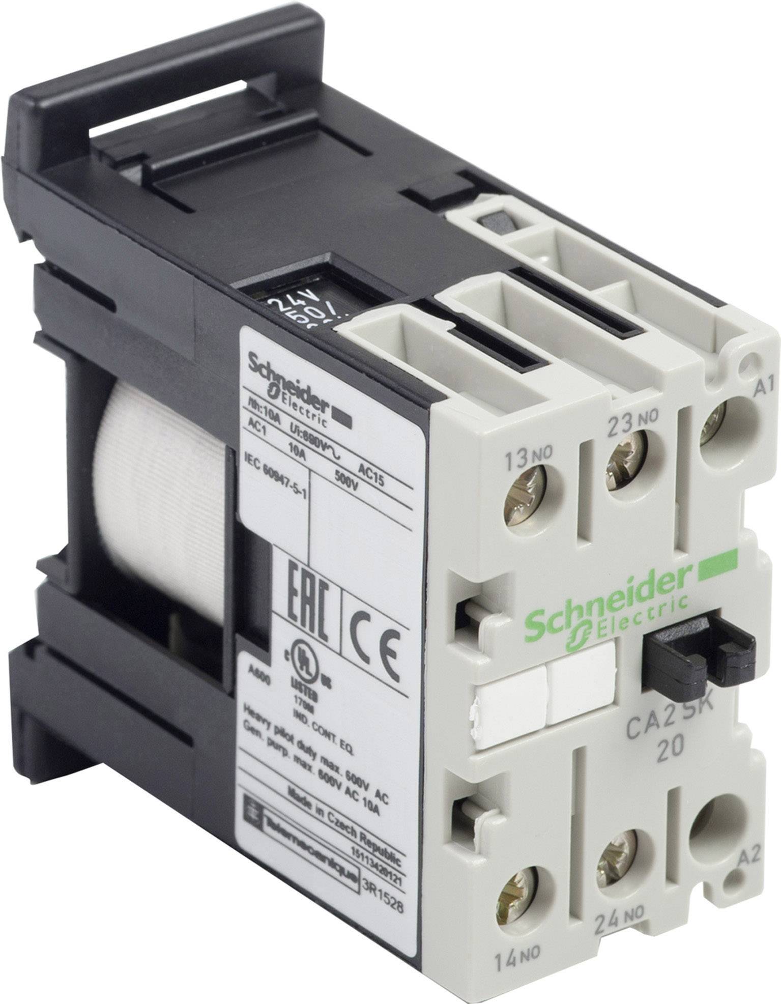 'Schneider Electric Modèle de contacteur CA2 SK. Boîtier blanc, dessus noir, pour 24V AC/DC. Symboles de certification EAC et CE visibles.'