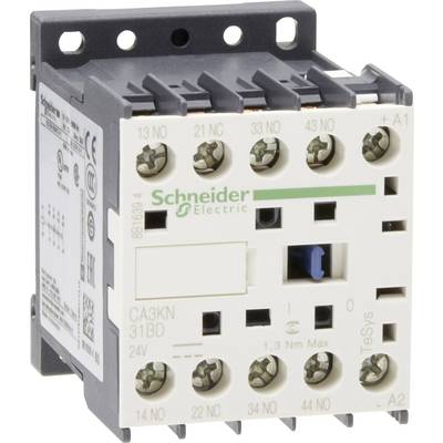 Un contacteur de Schneider Electric, modèle CA3KN 31BD. Présente les connexions électriques et les spécifications telles que la tension de 24V et un couple max de 1,3 Nm.