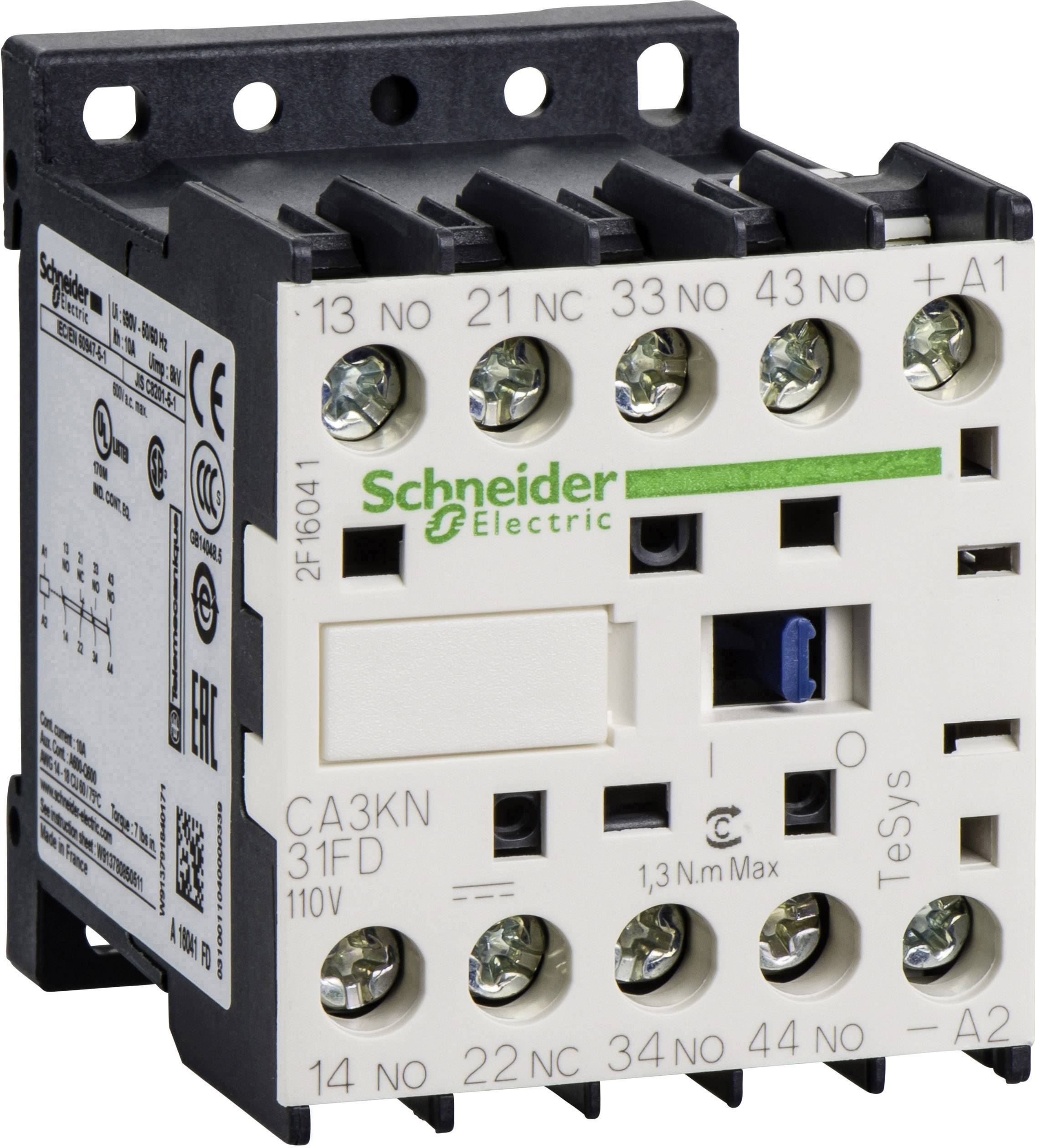 Un contacteur électrique blanc de Schneider Electric avec plusieurs bornes à vis et des étiquettes sur le devant.